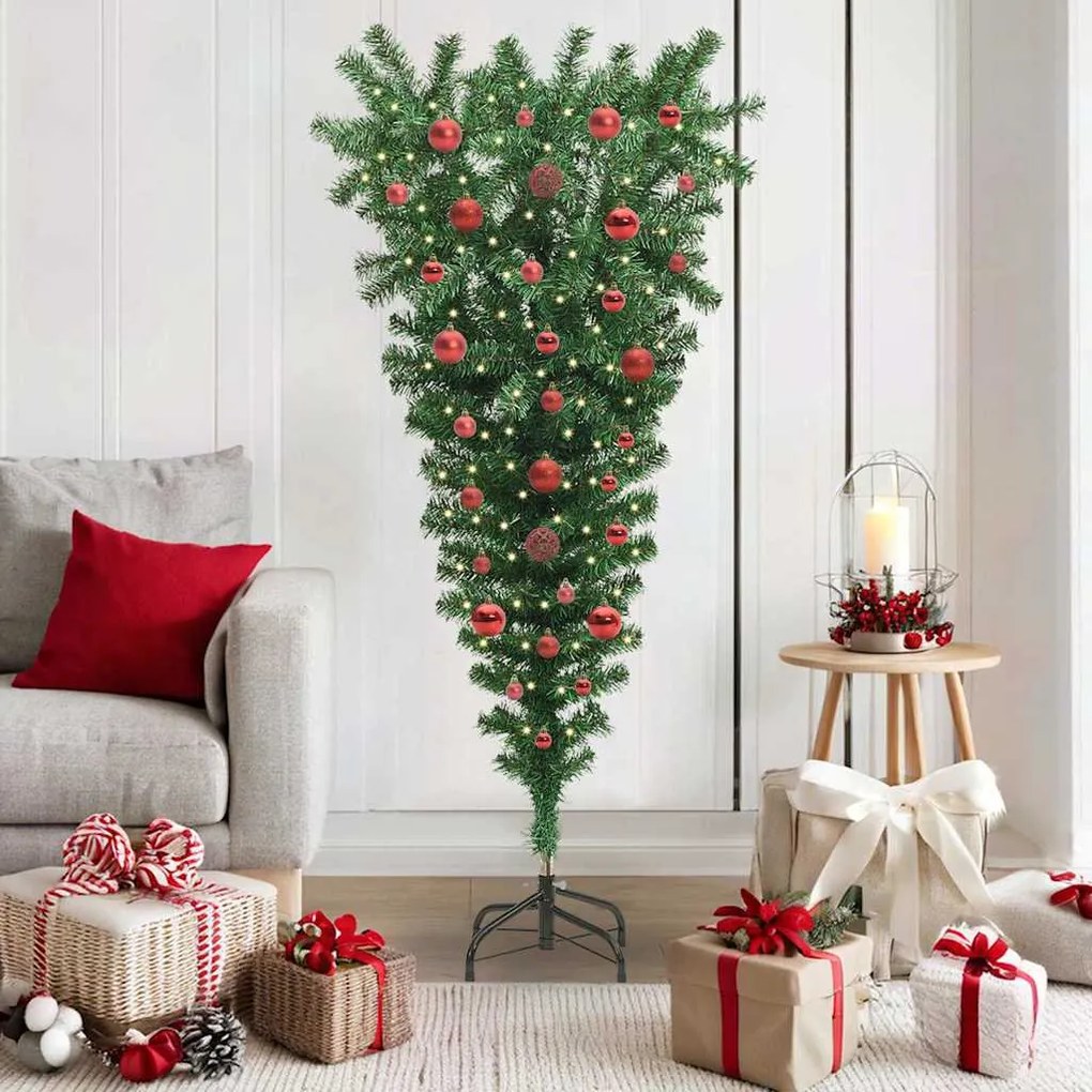 vidaXL Árvore de Natal Artificial Pré-iluminada de cabeça para baixo com conjunto de bolas