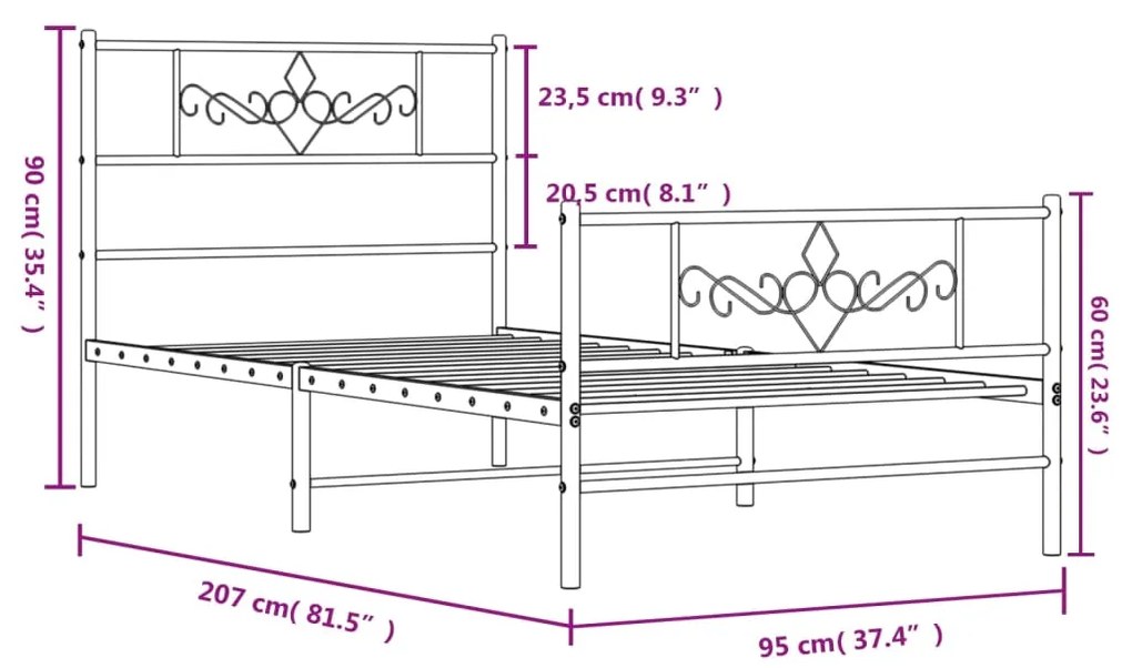 Estrutura de cama com cabeceira e pés 90x200 cm metal branco