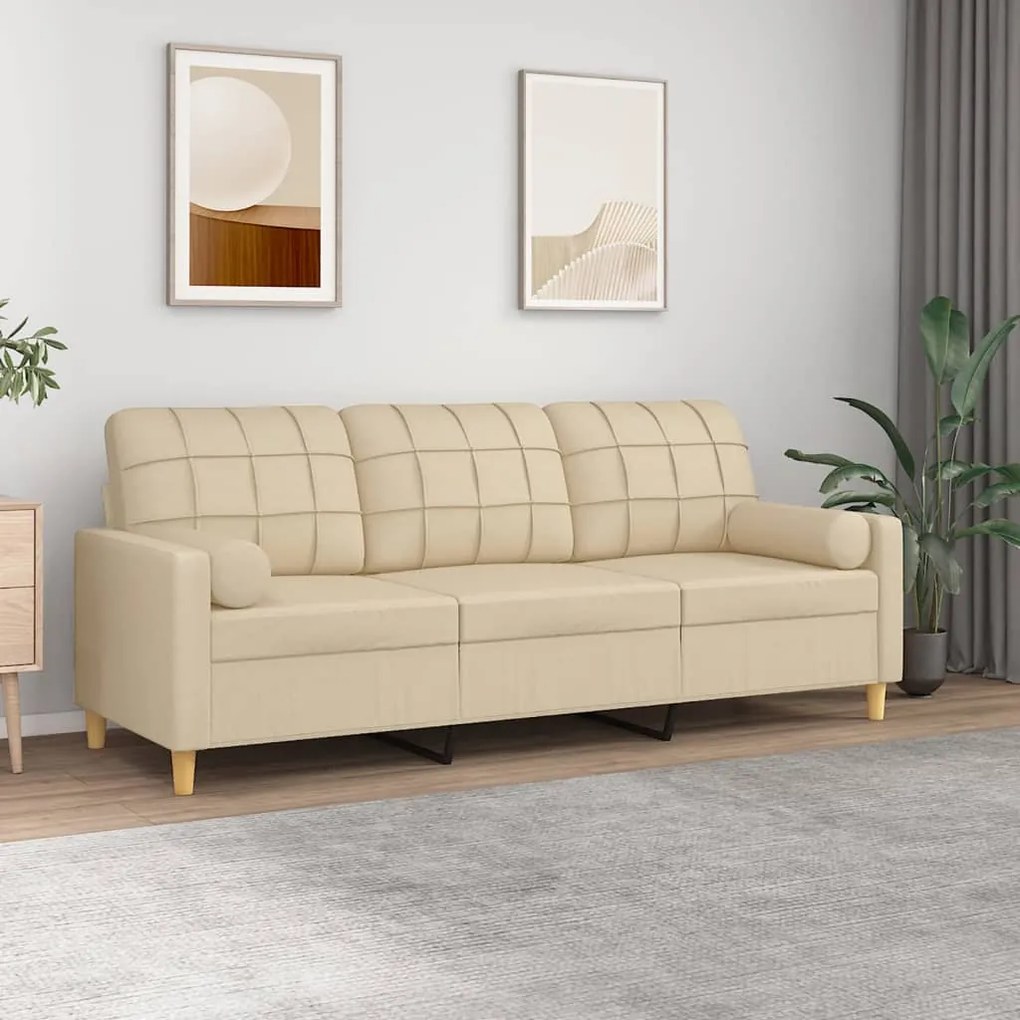 Sofá 3 lugares + almofadas decorativas 180 cm tecido cor creme