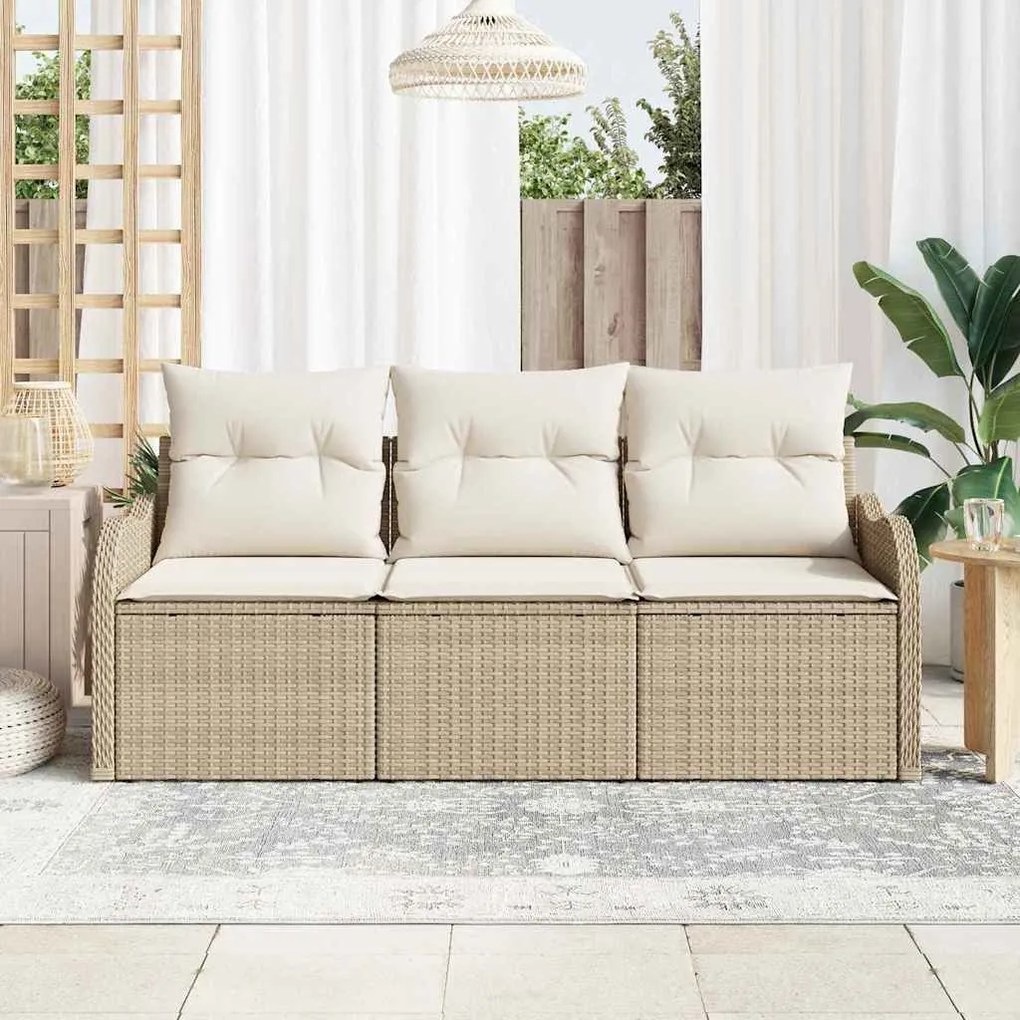 Conjunto de Sofá de Jardim de 3 Peças com Almofadas Bege Polyrattan