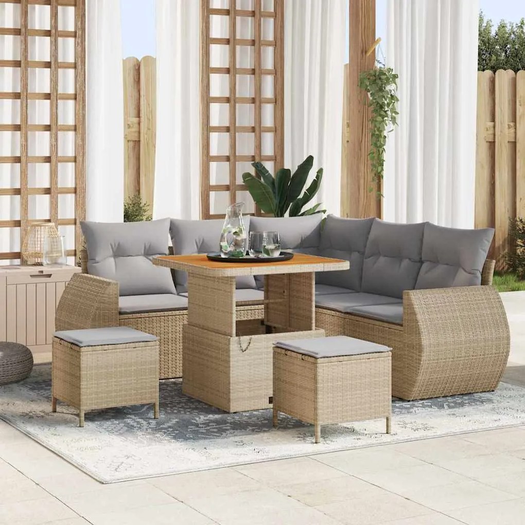 vidaXL Sofá de Jardim com 8 Peças e Almofadas em Bege, Feito de Rattan e Poliéster Acácia