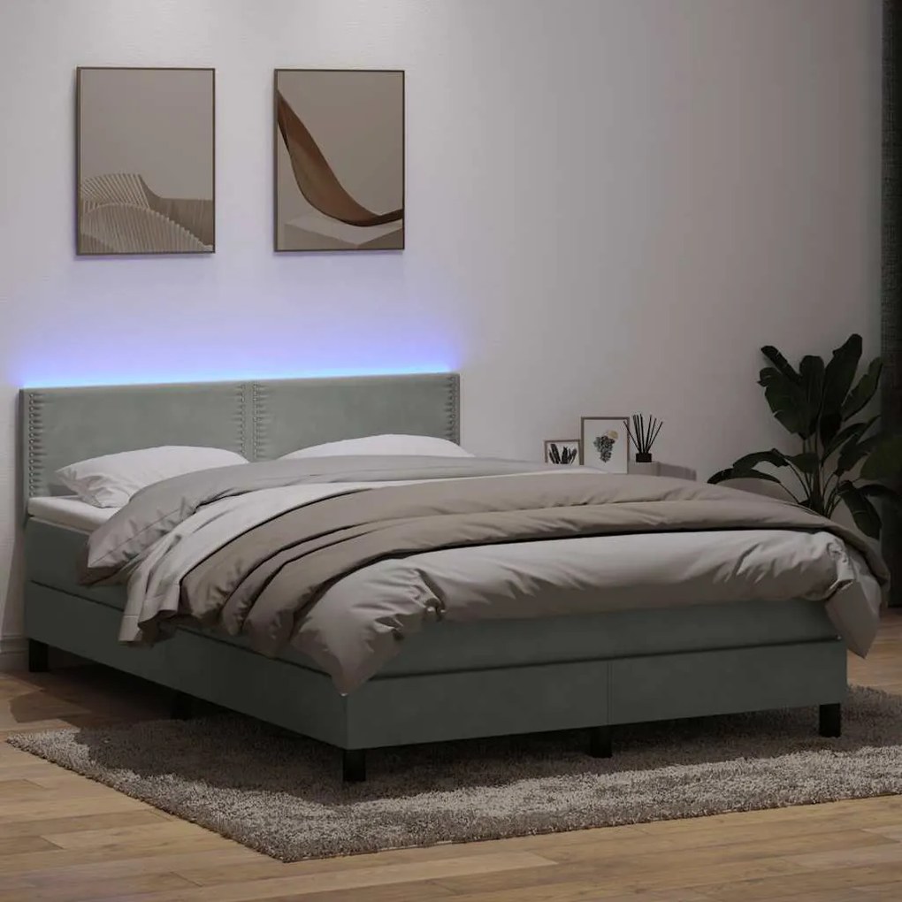 vidaXL Cama box spring c/ colchão e LED 140x210 cm veludo cinzento-claro