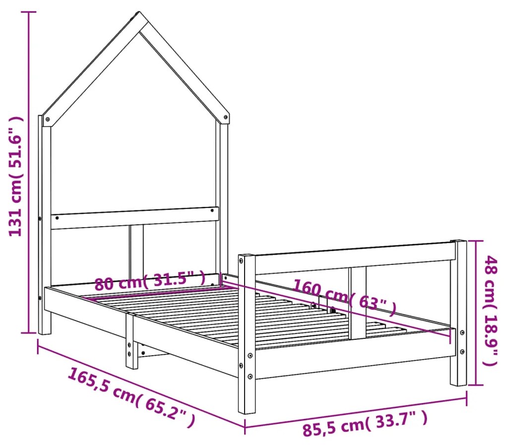 Estrutura de cama infantil 80x160 cm pinho maciço preto