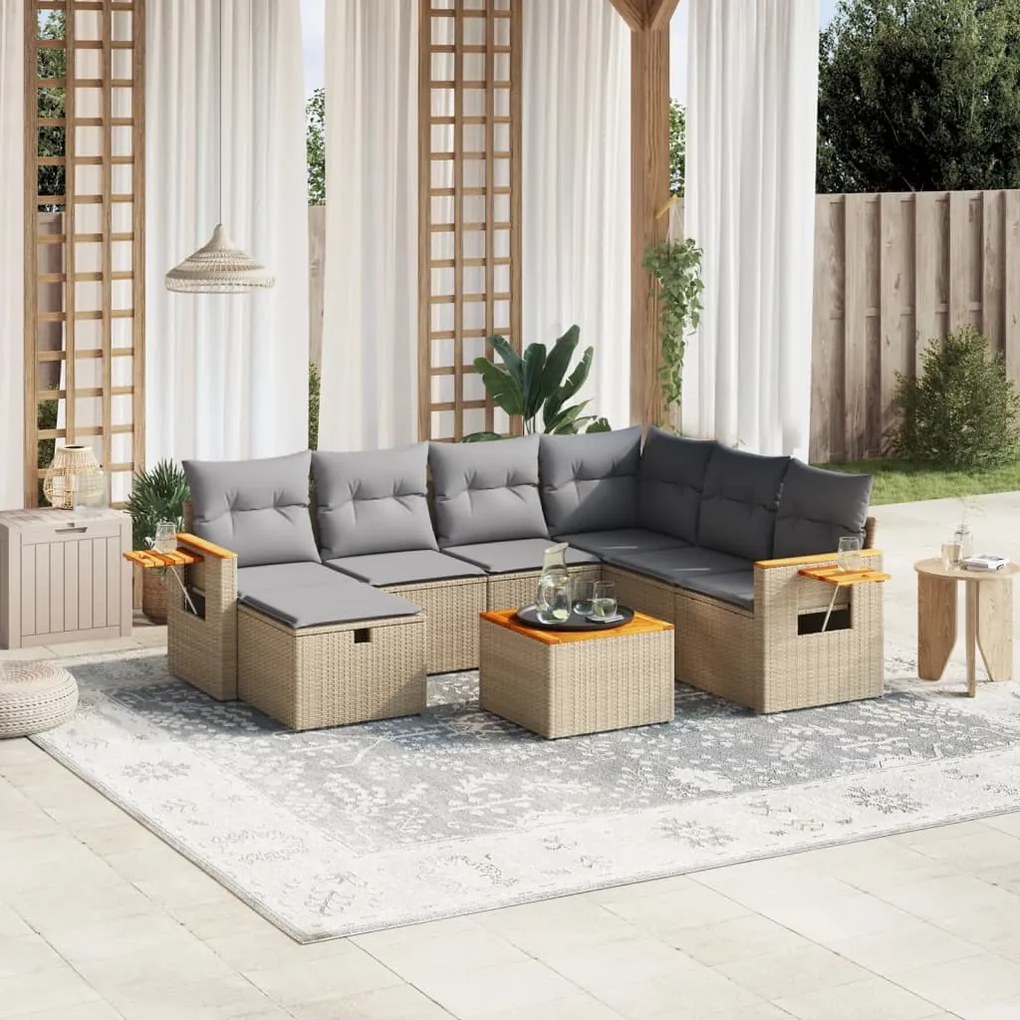 8 pcs conj. sofás jardim c/ almofadões vime PE bege misturado