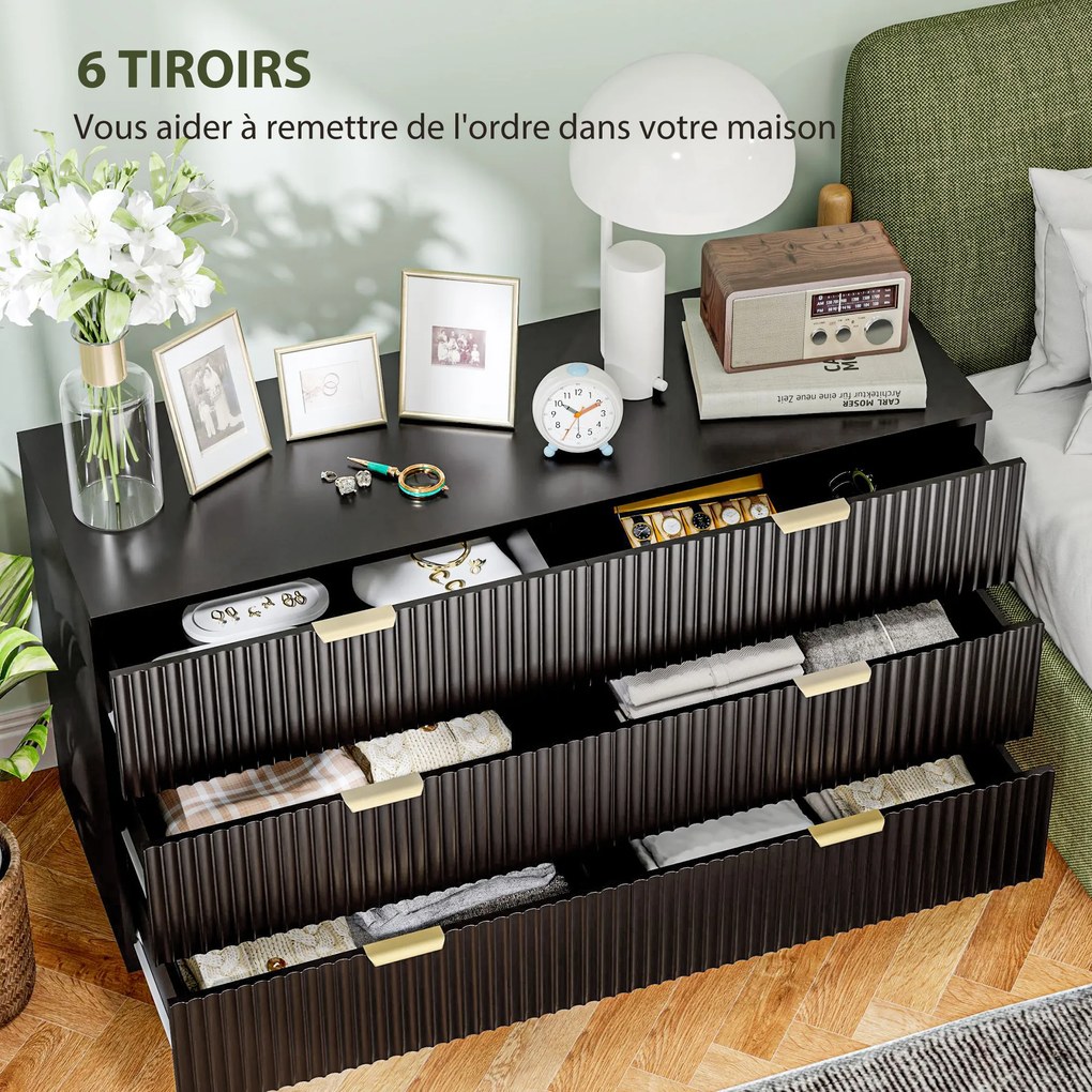 Cómoda de 6 gavetas, móvel de arrumação moderno para quarto com puxadores e pés dourados, 120 x 40 x 76,5 cm, preto