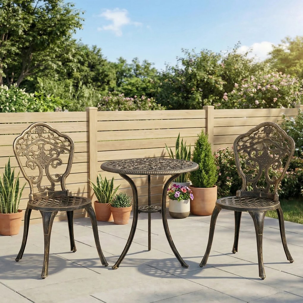 Conjunto de jardim estilo bistrô em alumínio, conjunto de 3 peças: 2 cadeiras + mesa redonda com acabamento em imitação de ferro forjado