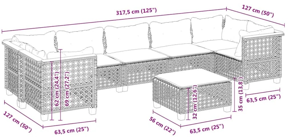 8 pcs conjunto de sofás p/ jardim com almofadões vime PE bege