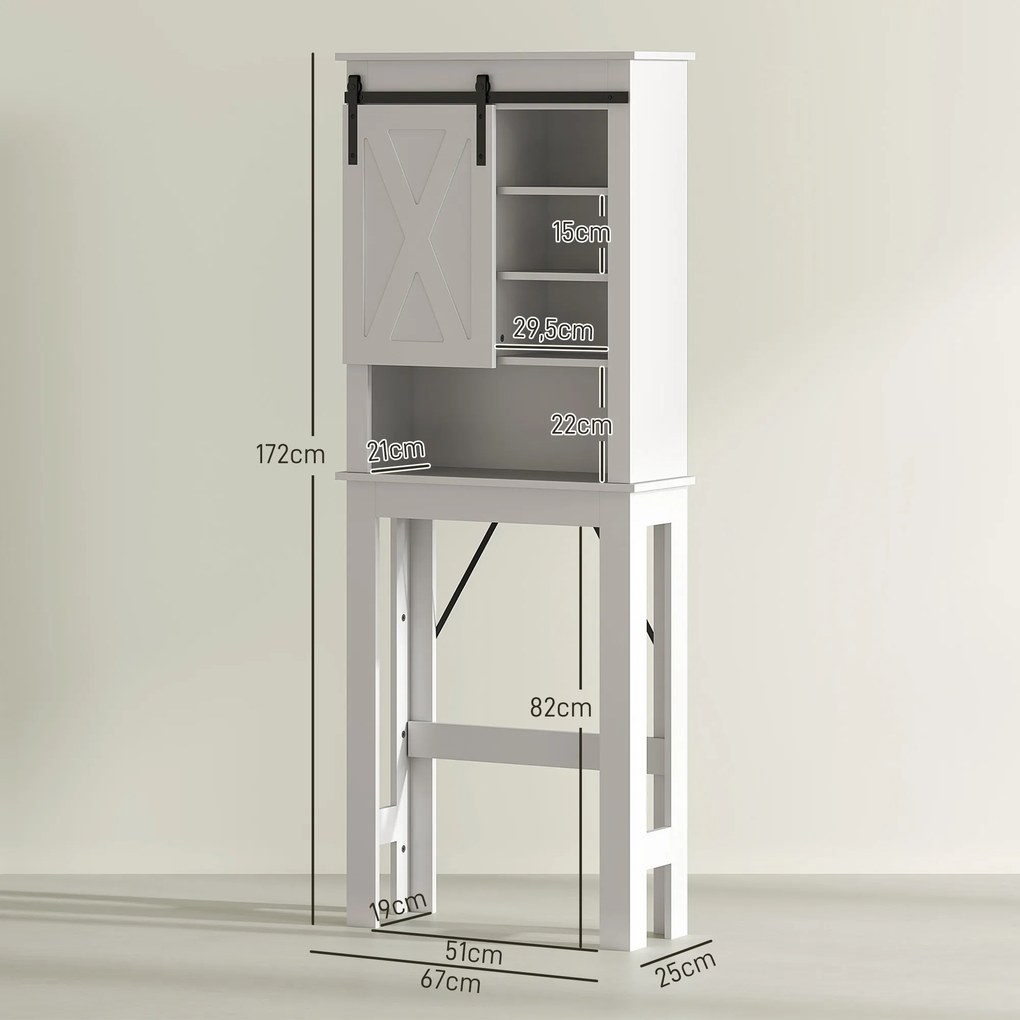 Móvel sobre Sanita com Porta de Correr Estilo Celeiro e 6 Compartimentos Móvel Casa de Banho Rústico 67x25x172 cm Branco