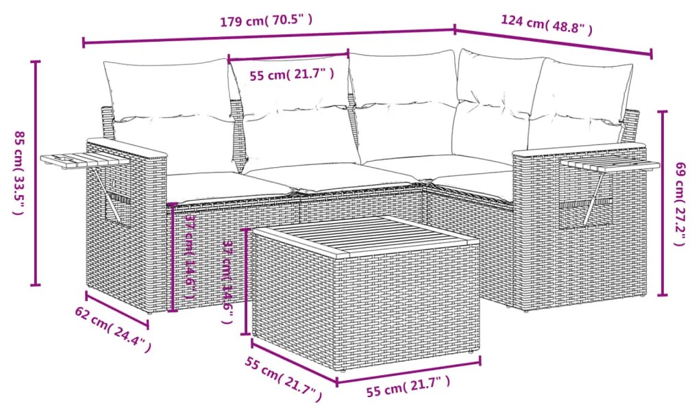 5 pcs conjunto sofás de jardim com almofadões vime PE preto