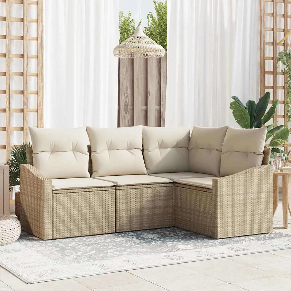 vidaXL Conjunto de Sofá de Jardim com 4 Peças e Almofadas Bege em Rattan Sintético