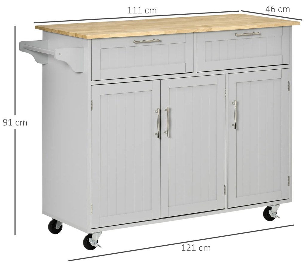 Carrinho de Cozinha com Rodas Carrinho de Cozinha Multiuso com 2 Gavetas 3 Portas Prateleiras Ajustáveis e Barra para Sala de Jantar 121x46x91cm Cinza