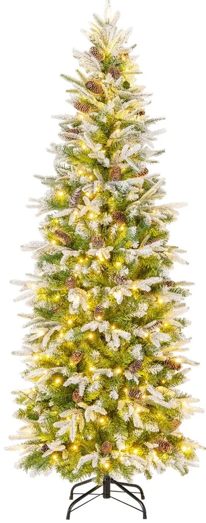 Árvore de Natal pré-iluminada de 190 cm com 280 luzes LED Neve simulada 671 ramos articulados e 60 pinhas Árvore fina Verde