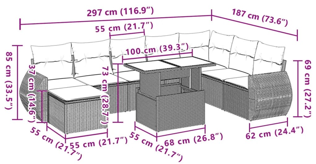 9 pcs conj. sofás jardim com almofadões vime PE cinzento-claro