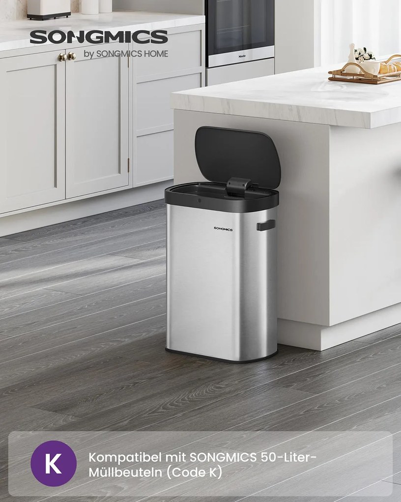 Caixote do lixo automático 50 litros com sensor e tampa de fecho suave em aço 42,5 x 27,1 x 58,7 cm Prateado metálico e Preto