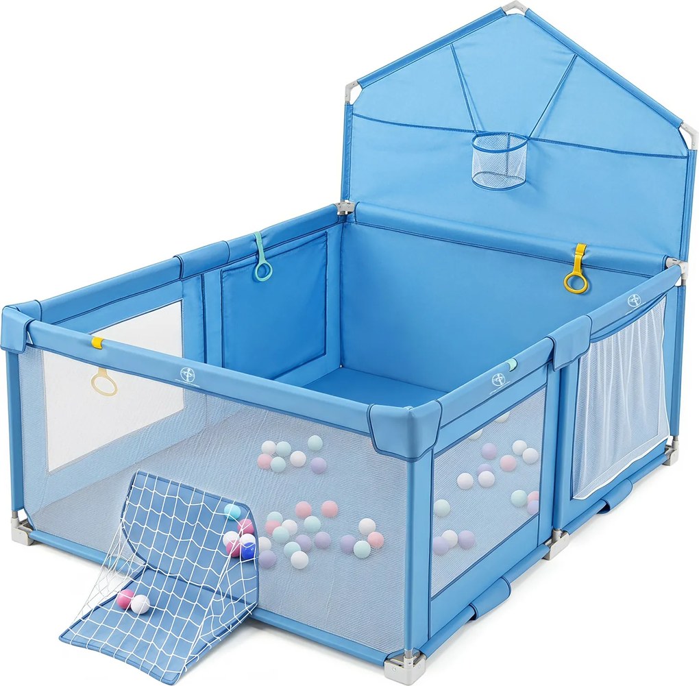 Parque Infantil Dobrável, 223 x 150 x 163 cm, com 50 Bolas e Jogos Multidesportivos, Azul