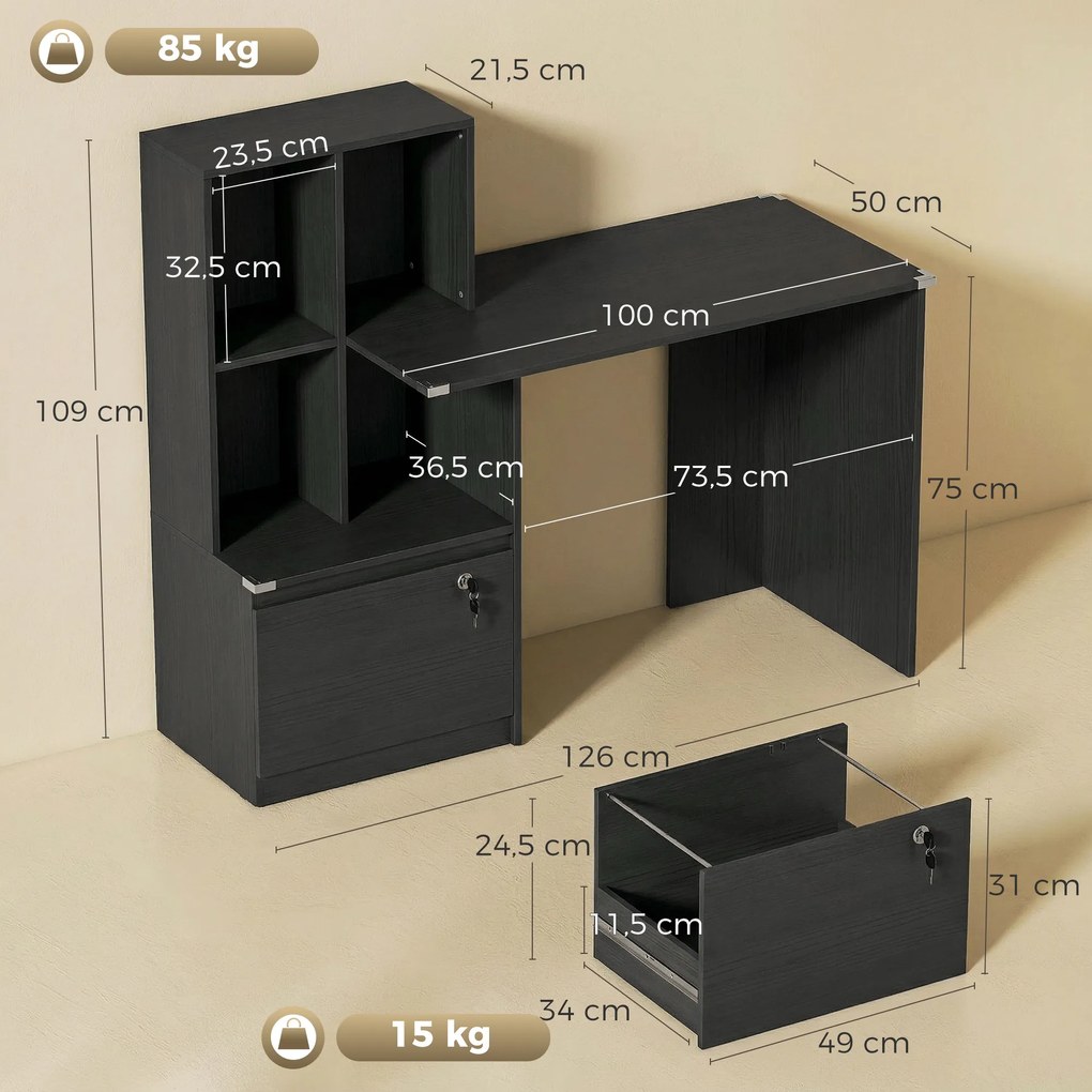Secretária de computador 126 x 50 x 109 cm com estante de 4 compartimentos e gaveta com fechadura, preta
