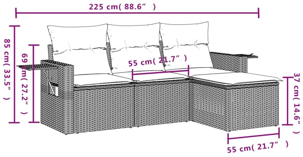 4 pcs conjunto de sofás para jardim c/ almofadões vime PE preto