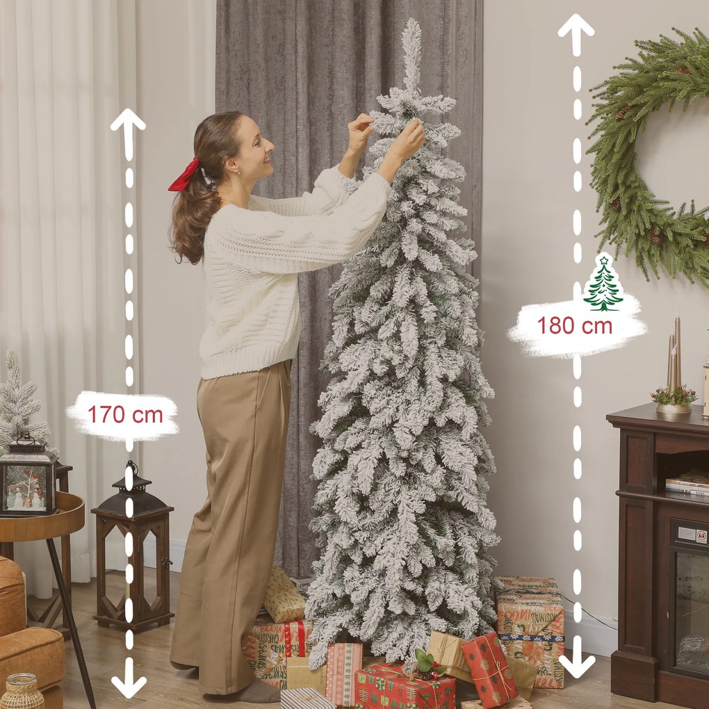Árvore de Natal Estreita 180 cm Árvore de Natal efeito neve com Luzes LED Temporizador 11 Modos de Iluminação Verde