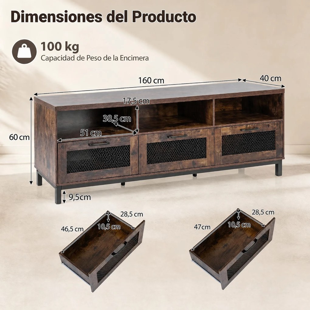 Móvel de TV com Três Gavetas, 160 x 40 x 60 cm, Para Televisores até 75 Polegadas, Castanho