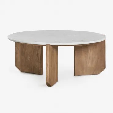 Mesa De Centro Redonda Em Pedra Natural E Madeira De Manga Lavinia Mármore Branco & Madeira Natural & Ø70 Cm - Sklum