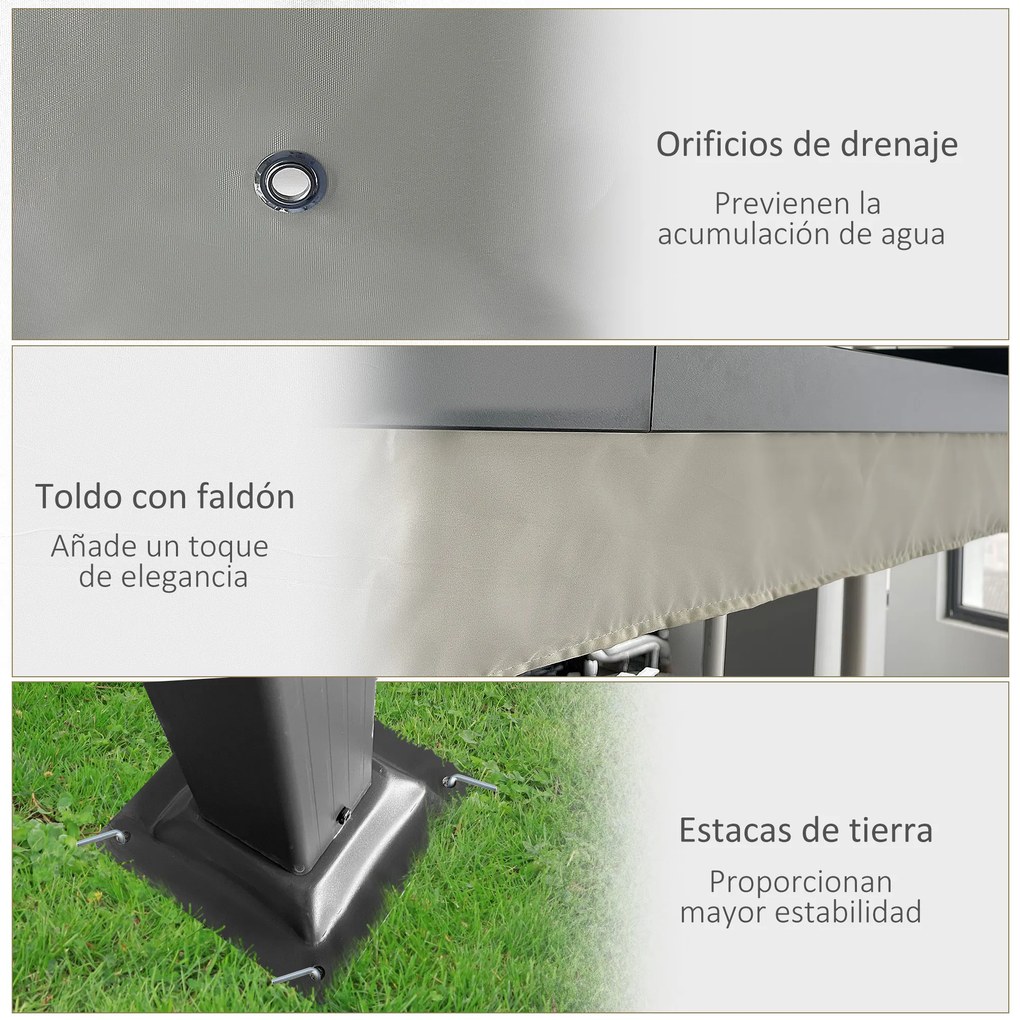 Outsunny Pérgola de Alumínio 4x3 Pérgola de Jardim com Teto Retrátil Tecido de Poliéster e 8 Orifícios de Drenagem para Pátio Terraço Exterior Creme