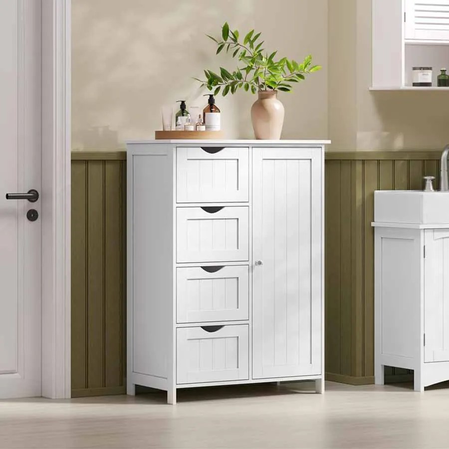 Armário de casa de banho estreito com 4 gavetas 35 x 65 x 90 cm branco