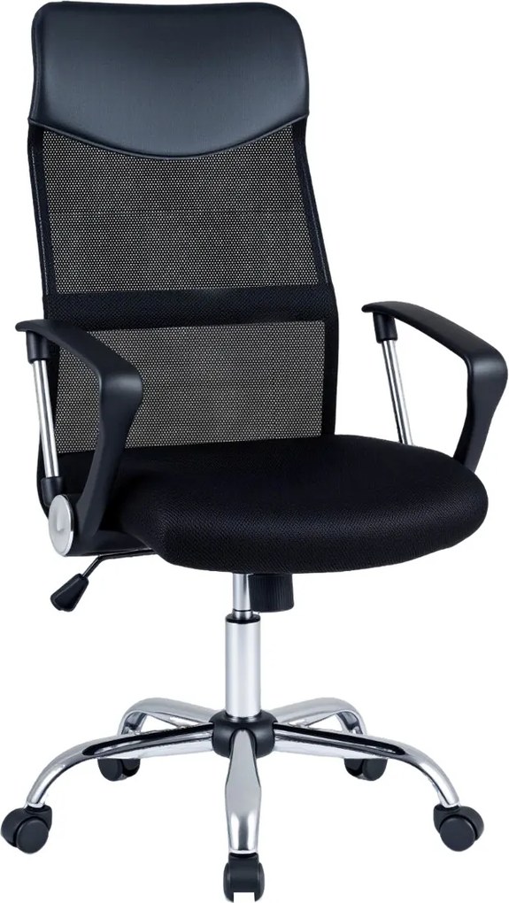 Cadeira de escritório ergonómica com rodas, altura 112-122 cm, braços, encosto em malha e couro PVC, reclinação, capacidade de 150 kg, preta