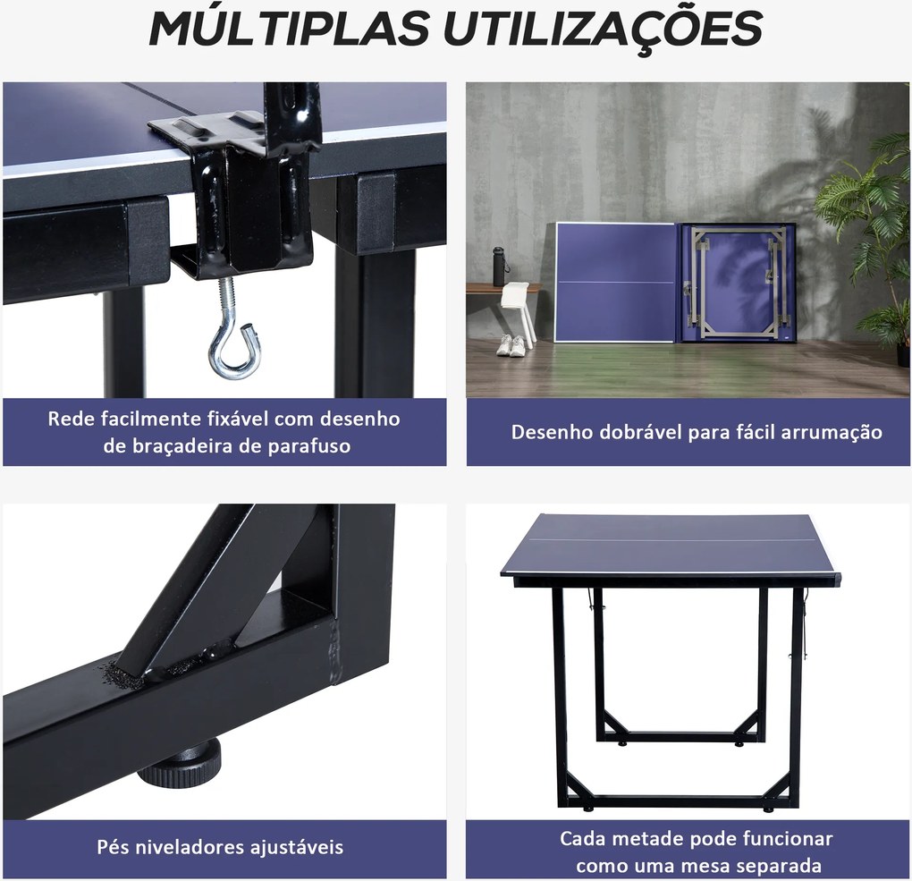 Mesa de Ping Pong Dobrável Mesa de Ping Pong Profissional com Rede e Estrutura de Aço para Interior e Exterior 182x91x76 cm Azul