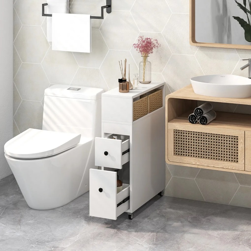 Armário de casa de banho móvel com rodas com gavetas deslizantes Cestos de vime extraíveis Suporte para escovas de sanita 50 x 19 x 72 cm Branco