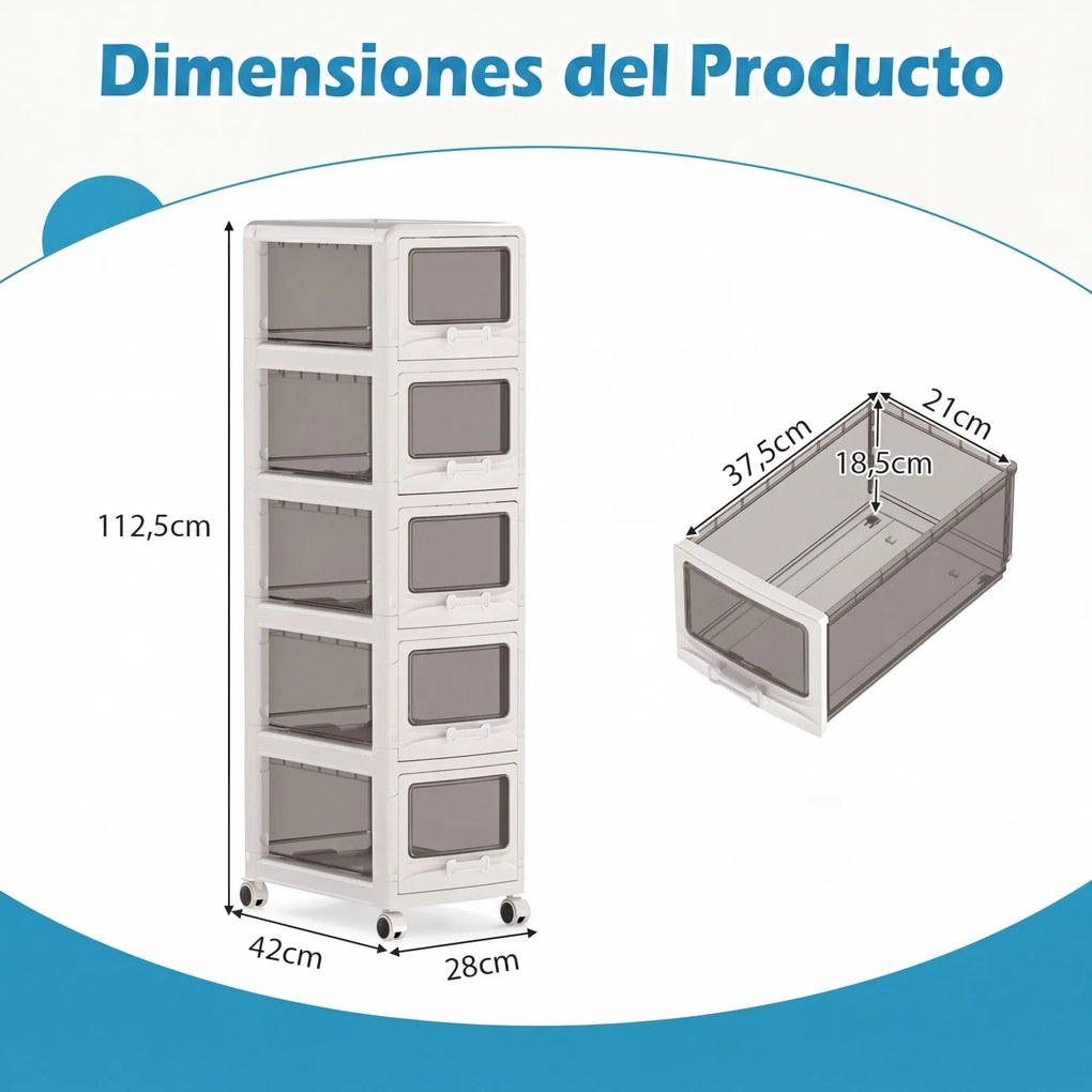 Móvel de Arrumação com 5 Gavetas, 42 x 28 x 112,5 cm, Rodas com Travão, Branco