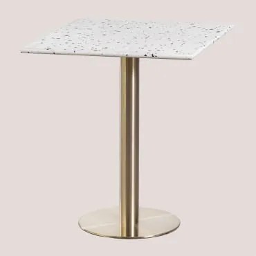 Mesa De Bar Quadrada 60x60 Cm Em Terraço Malibu Terrazzo Marfim - Preto & Ouro Champagne - Sklum