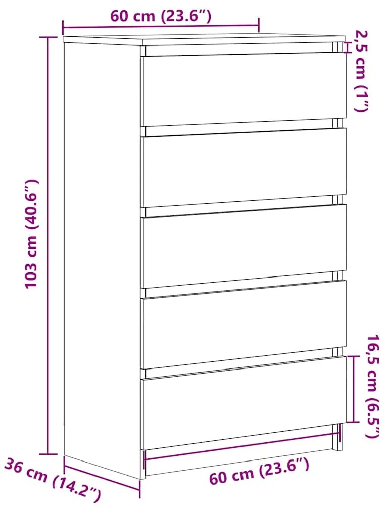 Cómoda com 5 Gavetas - 60x36x103 cm - derivados madeira - madeira velh