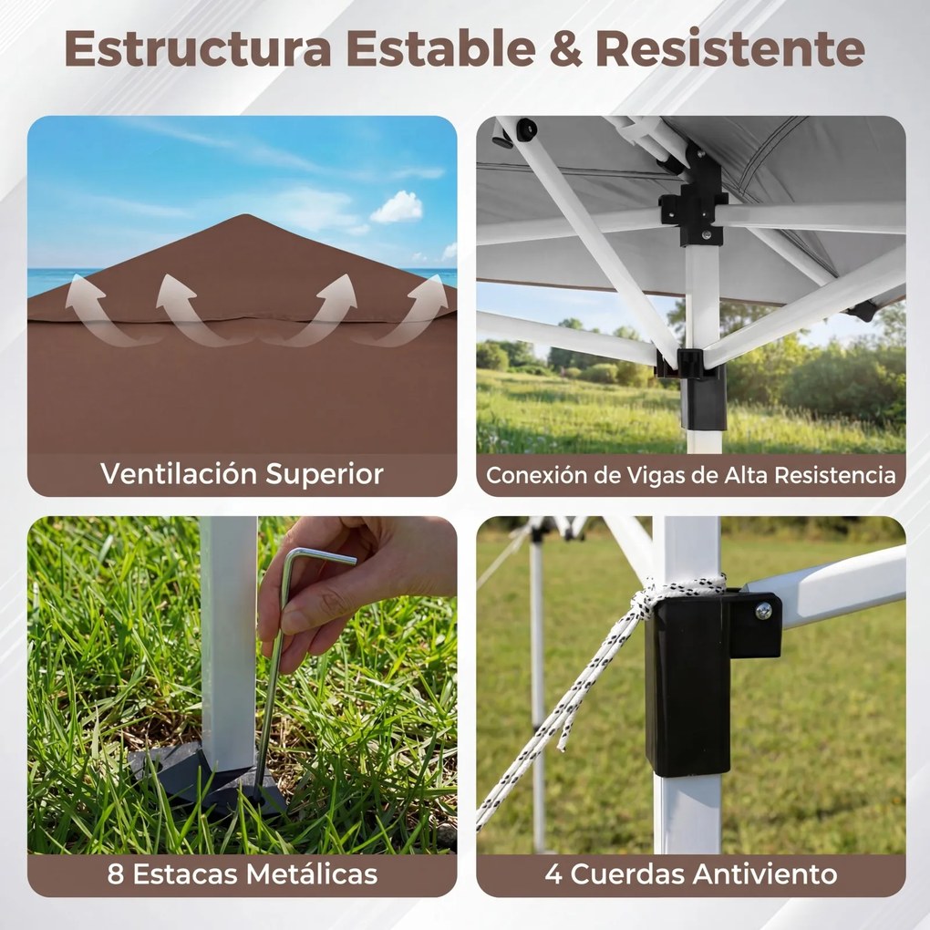 Tenda de Jardim Dobrável Emergente, 350 x 352 x 250 cm, Altura Ajustável em 3 Posições, Castanho