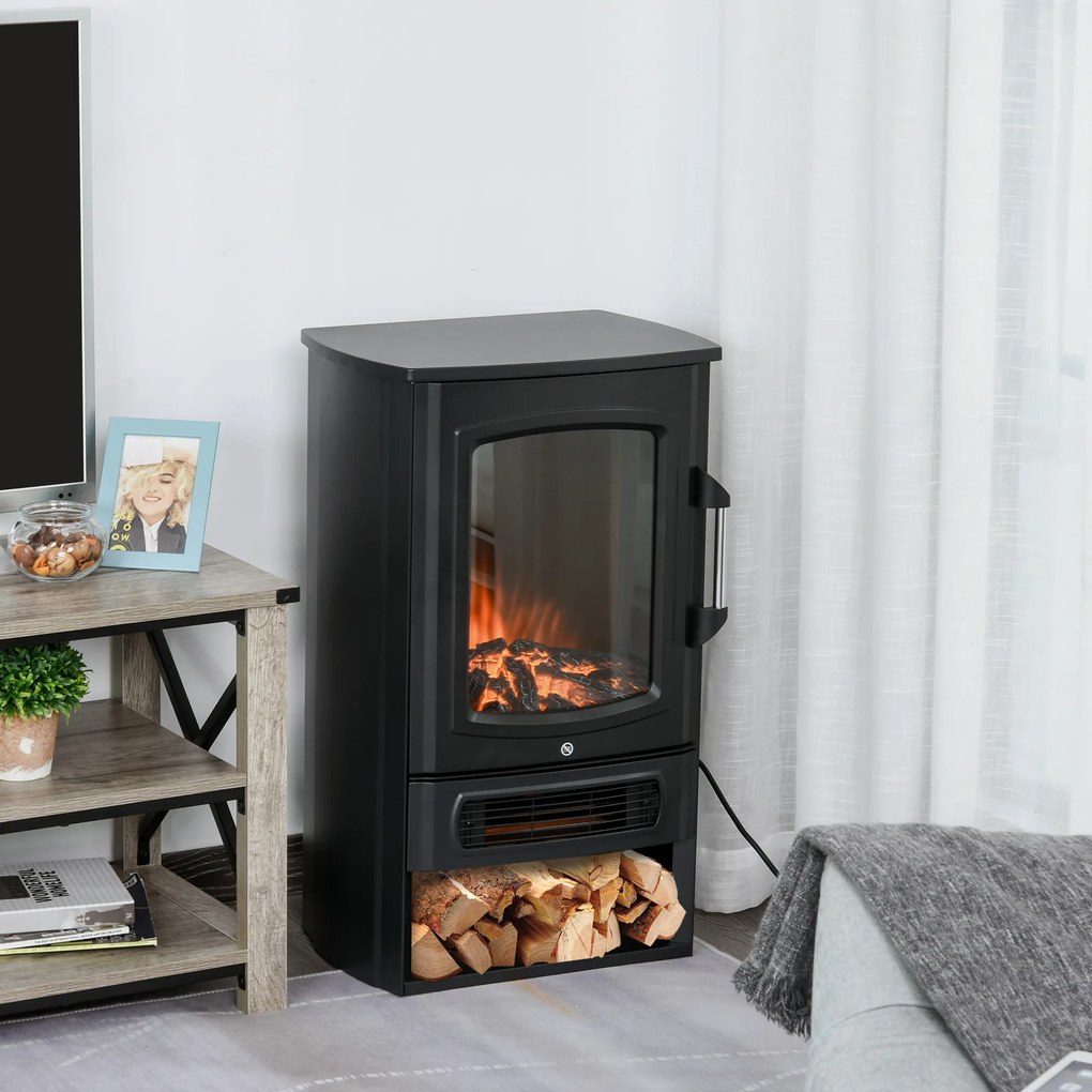 HOMCOM Lareira Elétrica Potência de 2 Níveis 1000W ou 2000W com Efeito de Chama Termostato e Proteção contra Superaquecimento até 25m² 44,5x32,1x74cm Preto