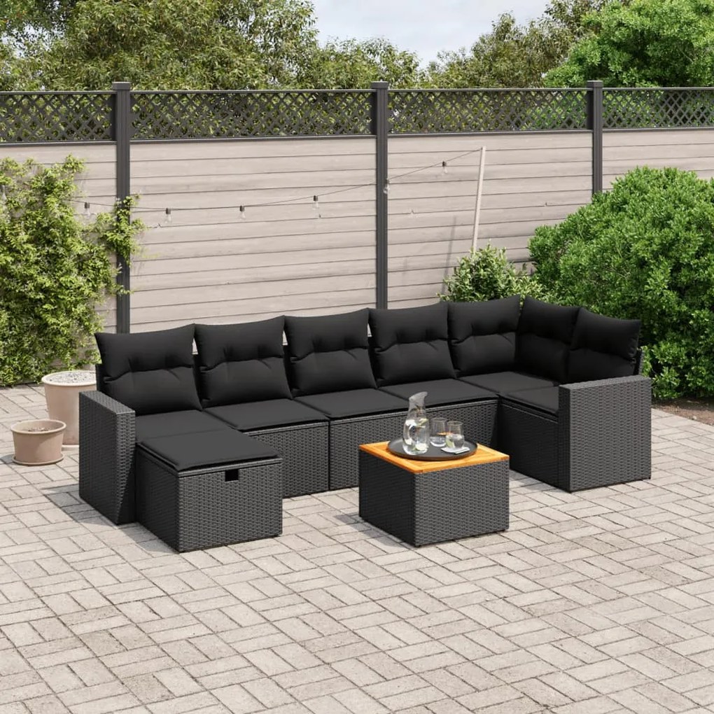 vidaXL 8 pcs conjunto sofás de jardim com almofadões vime PE preto