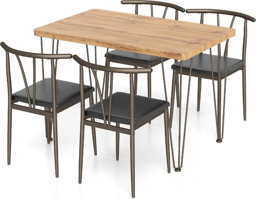 Conjunto de mesa de jantar de 5 peças Mesa retangular industrial com 4 cadeiras e Estrutura metálica Carvalho Rústico + Preto