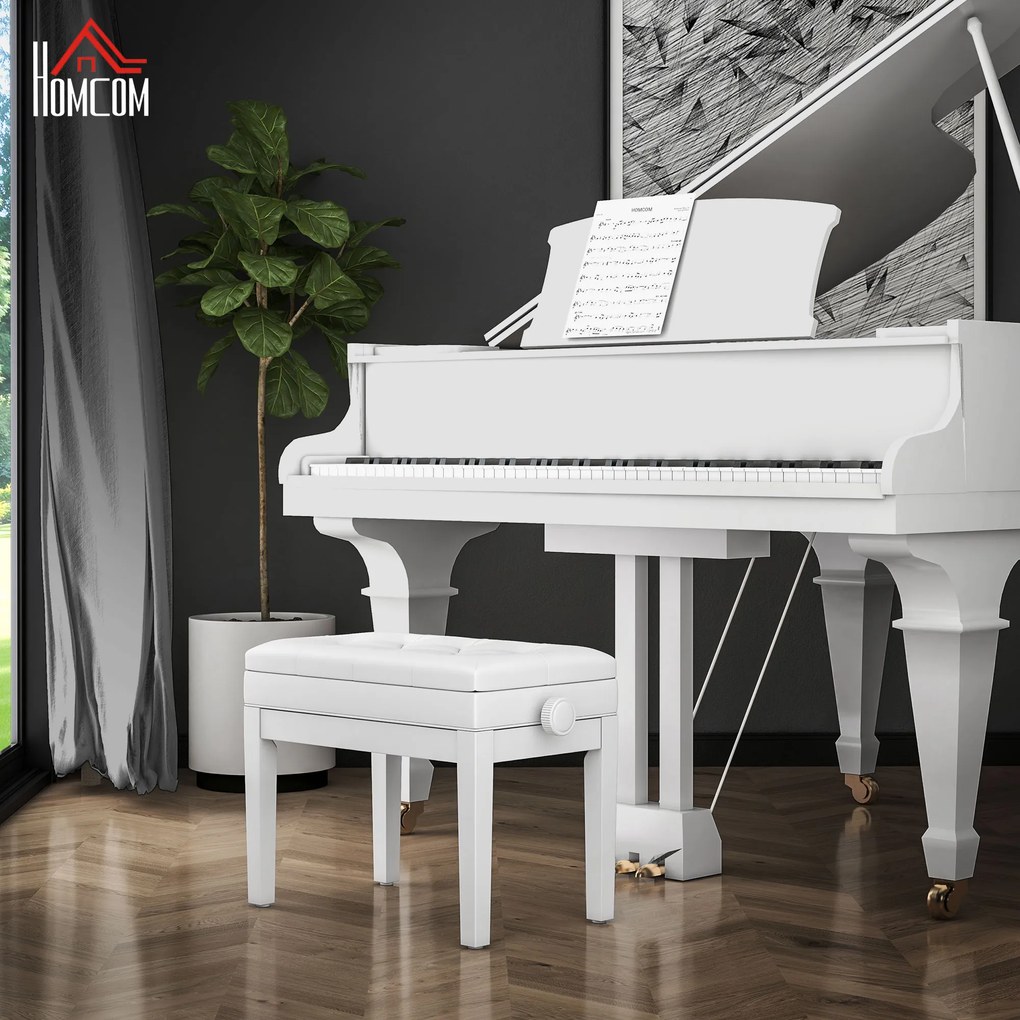 Banco de Piano com Espaço de Armazenamento e Altura Ajustável Carga 200 kg 54,5x33x48-58 cm Branco