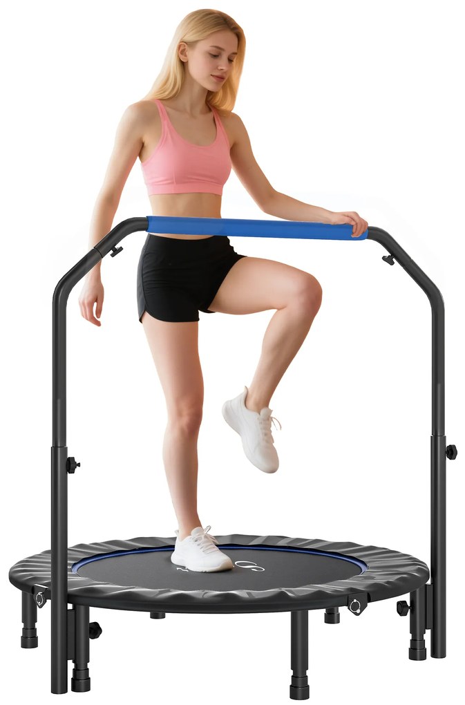 Trampolim Fitness Ø114 Trampolim Dobrável com Pega Ajustável em 4 Níveis Estrutura de Aço Azul