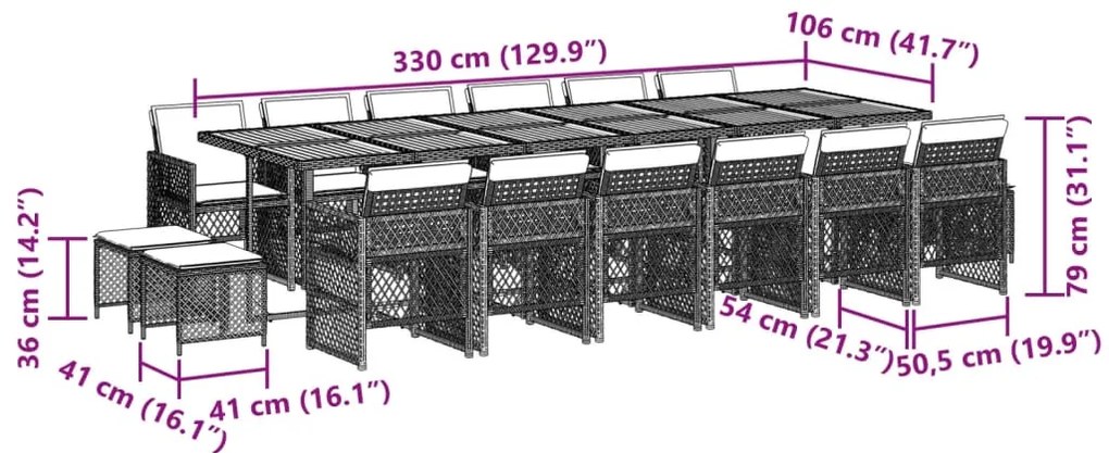 17 pcs conjunto de jantar p/ jardim c/ almofadões vime PE preto