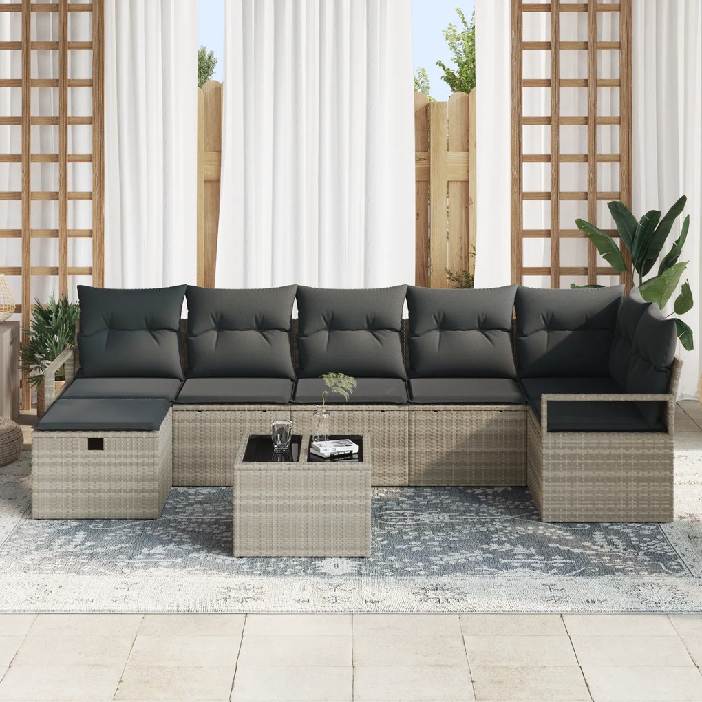 Conjunto de Sofá de Jardim de 8 Peças com Almofadas Cinza Claro Rattan
