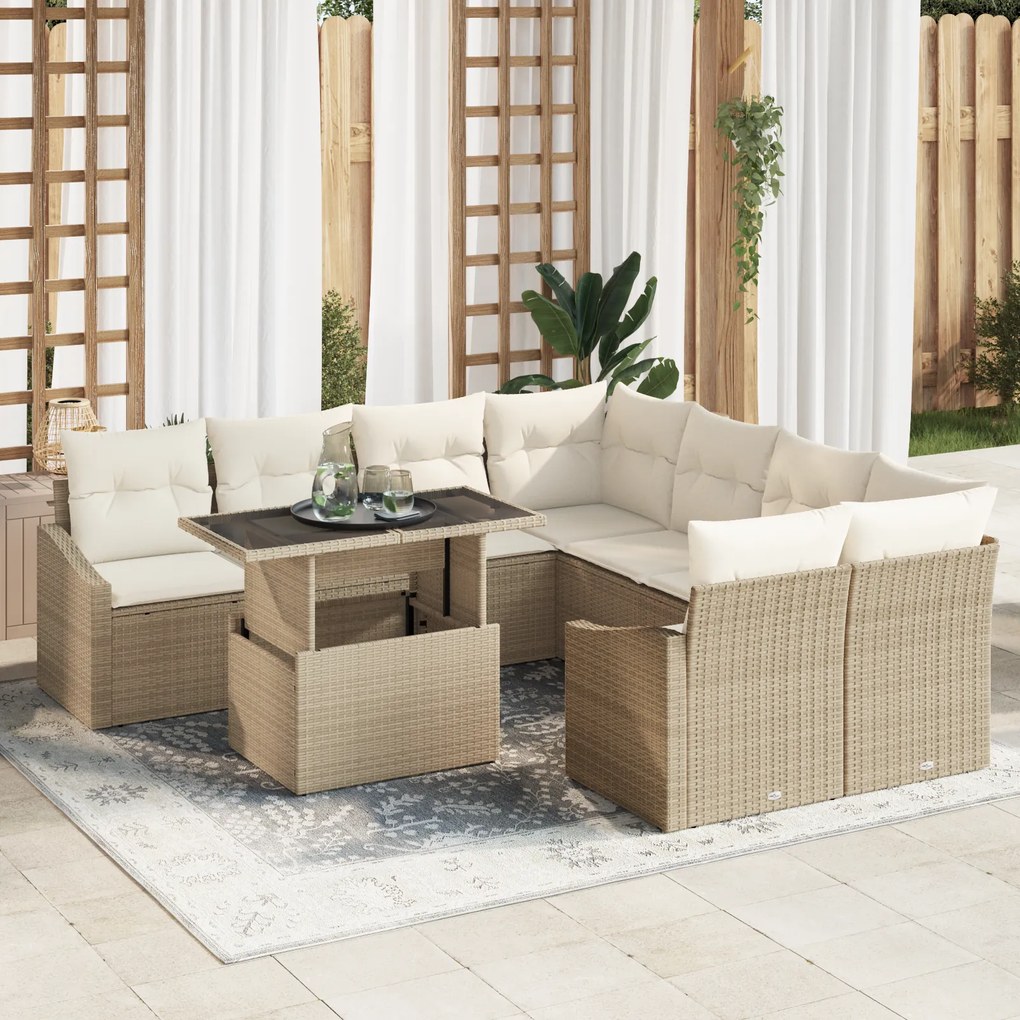 Conjunto de Sofás de Jardim de 9 Peças com Almofadas Bege em Rattan Si
