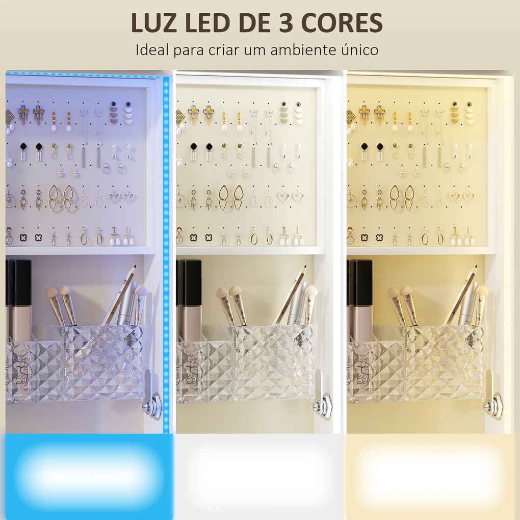 Espelho com Arrumação para Joias Luzes LED Armário para Joias com Rotação de 360° e Fecho com Chave 37x40x165,5 cm Branco