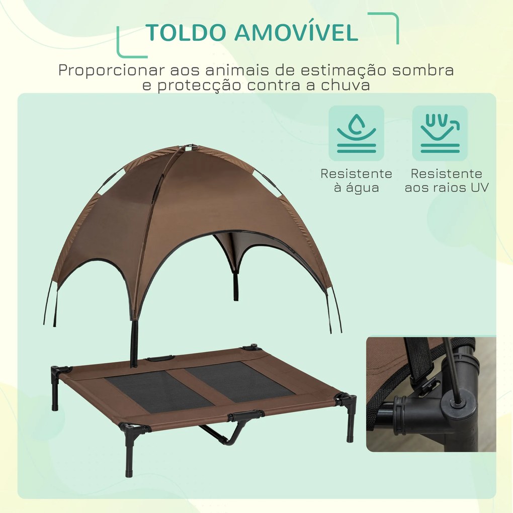 Cama Elevada para Animais de Estimação Portátil com Toldo Amovível Tecido Respirável para Interior e Exterior 92x76x90cm Marrom