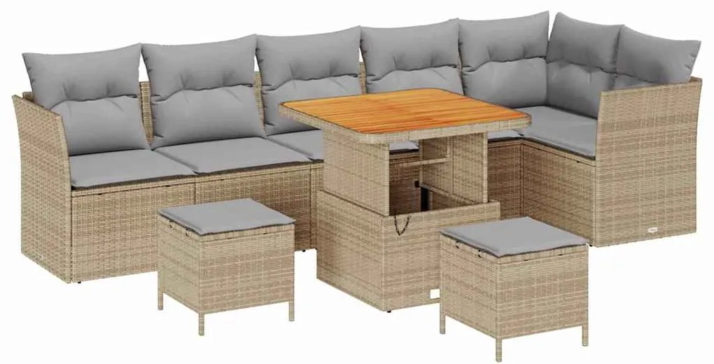 Conjunto de Sofá de Jardim com 9 Peças e Almofadas Bege em Polirrattan