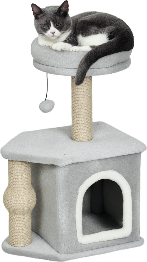 Arranhador para gatos com torre de brinquedos 42 x 30 x 66 cm, com postes para arranhar, cama e casinha para gatos, cinzento claro