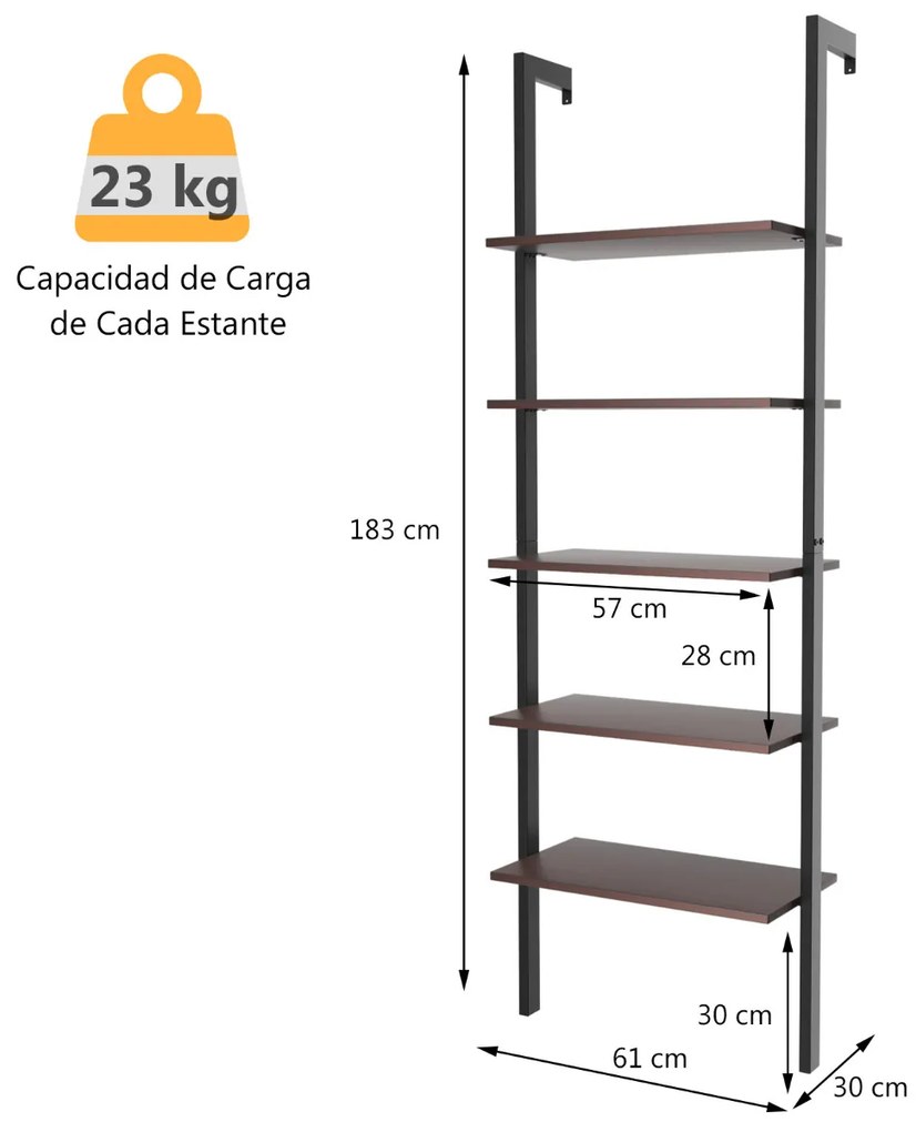 Estante de Parede 5 níveis Organizador de Parede com 5 Prateleiras para Sala de Estar Terraço de Casa de Banho 61 x 30 x 183 cm Castanho Escuro