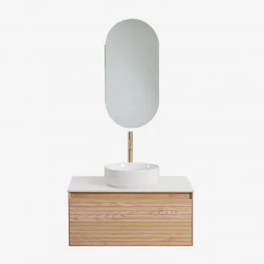 Conjunto De Móvel De Casa De Banho Suspenso Em Madeira De Freixo Tedrik Castanho Fresno & Cerâmica Redonda Branca Ø40 Cm Lenka - Sklum