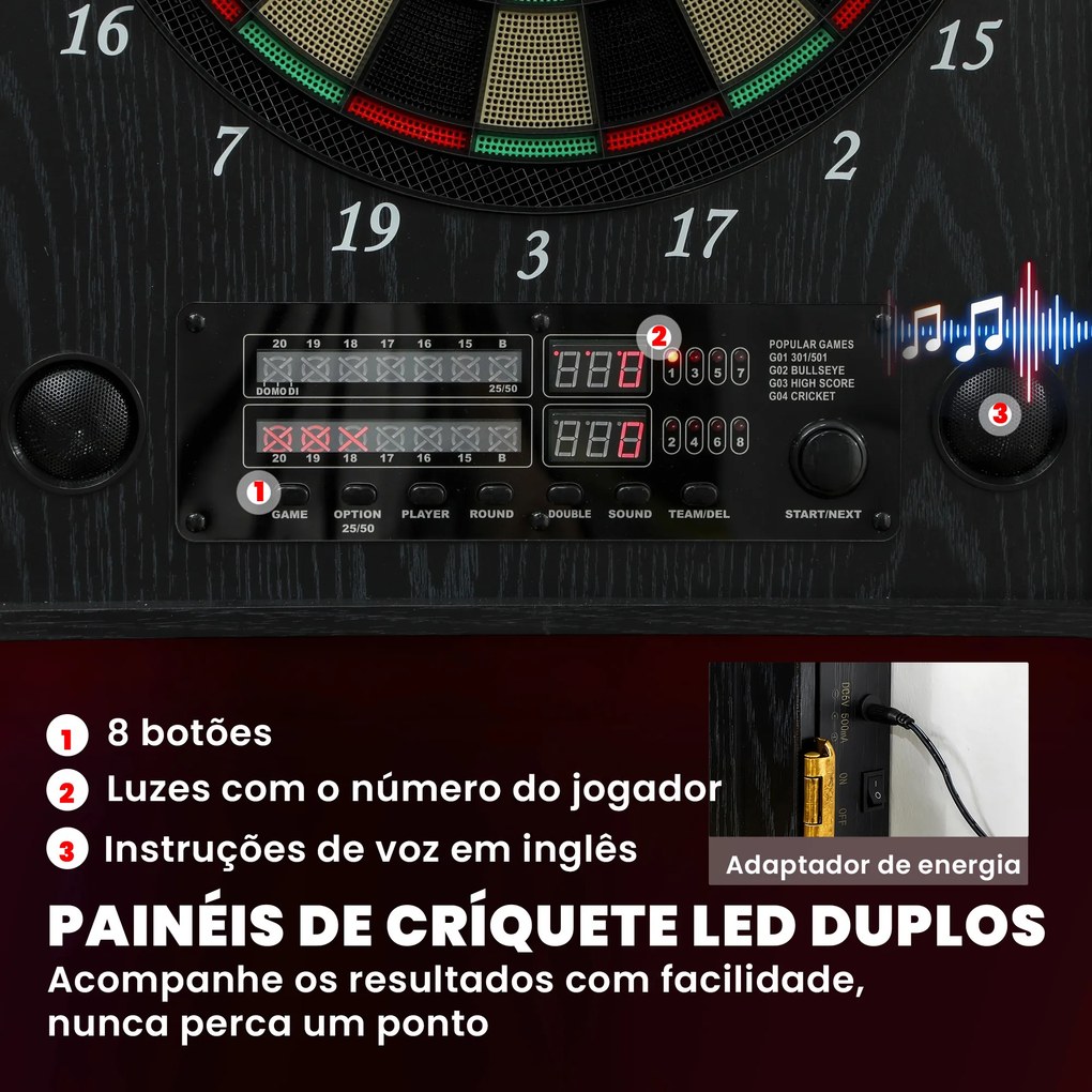 Alvo Eletrónico com 6 Dardos de Ponta Macia e 24 Pontas de Substituição 2 Ecrãs LED Avisos de Voz até 8 Jogadores com 25 Jogos