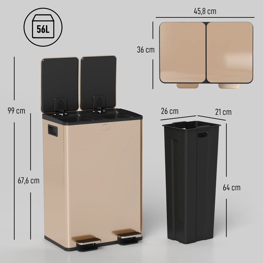Caixote do lixo de cozinha com 2 compartimentos de 2 x 28 L, aço inoxidável, tampa com fecho suave, 45,8 x 36 x 67,6 cm, dourado