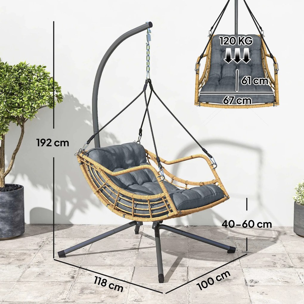 Cadeira suspensa jardim em resina trançada com suporte, almofada, dispositivo de segurança, altura ajustável, cinzenta